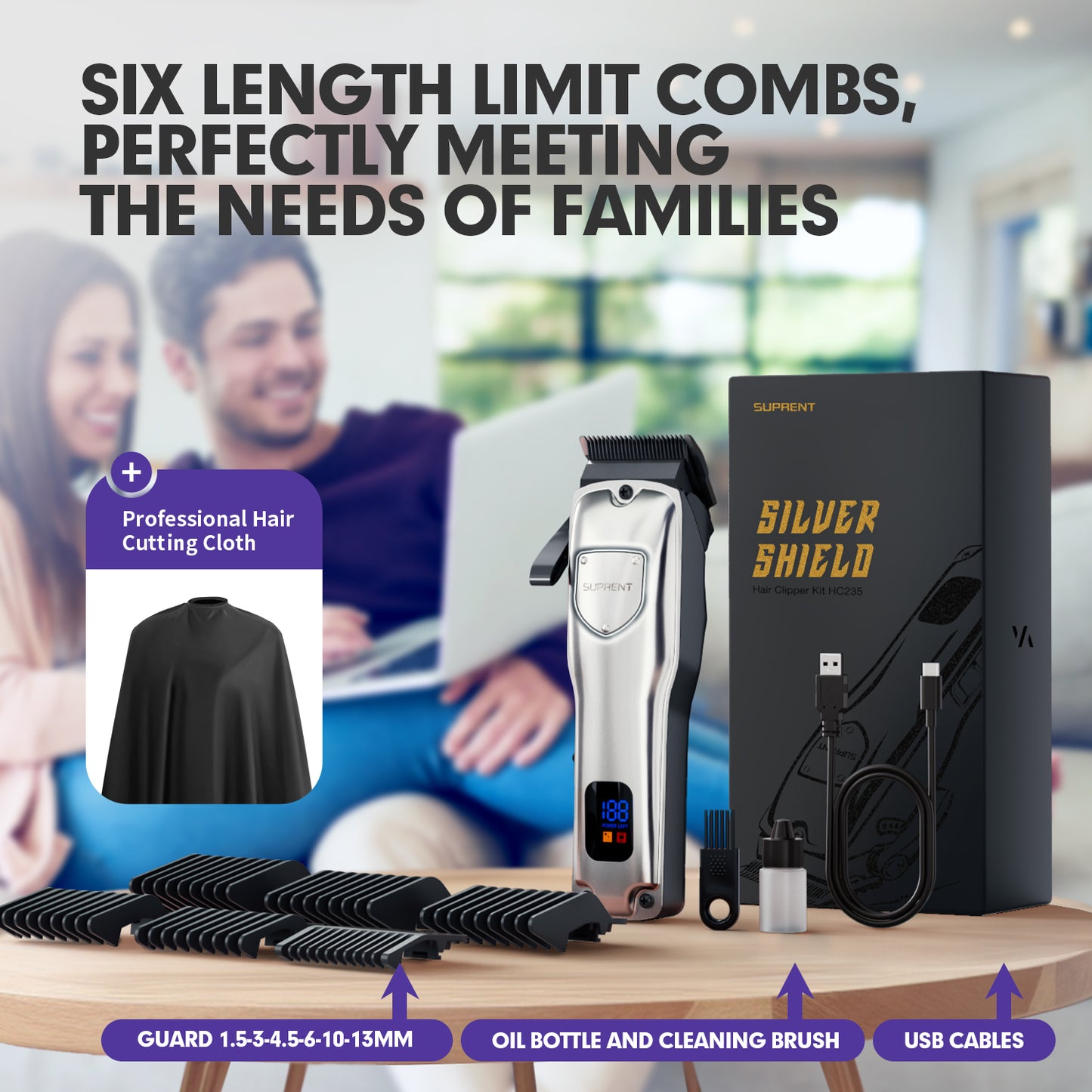 SUPRENT Cordless Hair Clippers for Men Professional Hair Cutting Trimmer with LED Display Trimmer for Barbers & Home Use - HC235SX