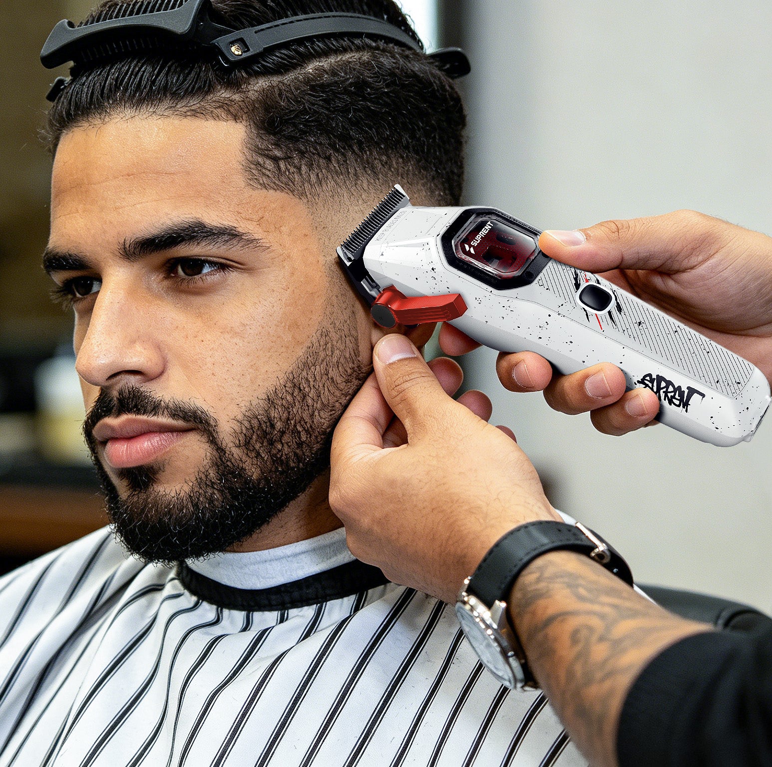 Professional Barber Using SUPRENT FANGS Assassin Edition Hair Clipper HC976WX